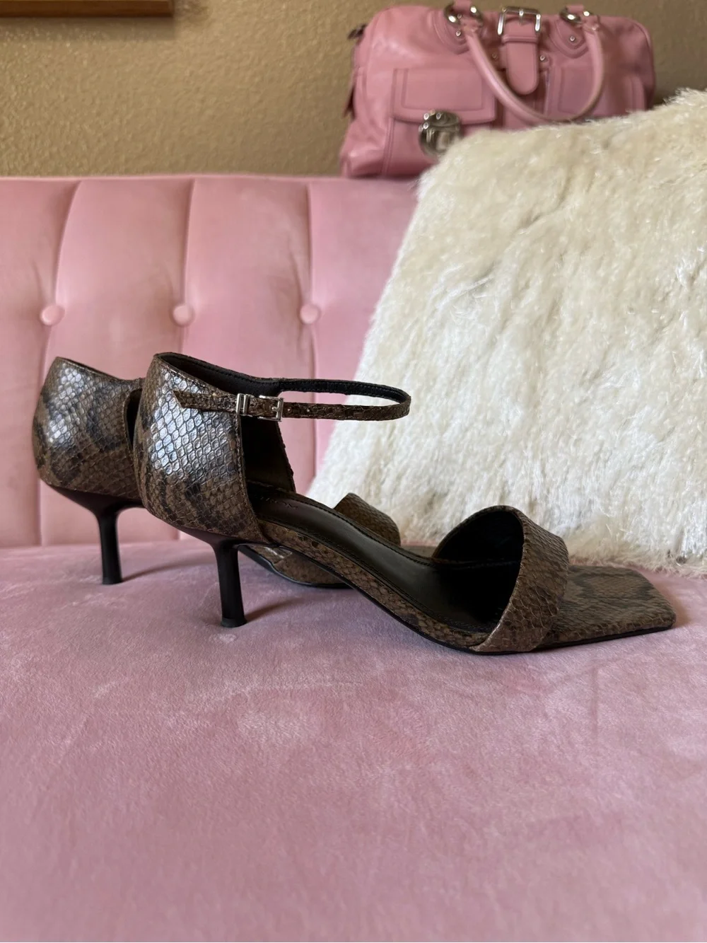NORDSTROM Women's Brown & Black Snake-Print Leather Ankle Strap Heels. Size 7.5